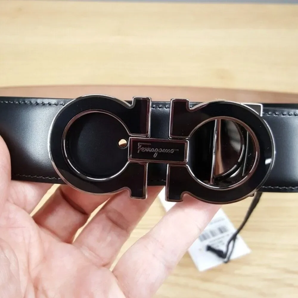 Salvatore Ferragamo Sz 32 Black Double Gancini Adjustable Leather Belt $575
